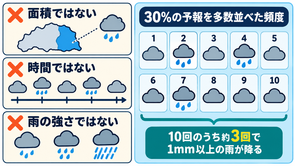 降水確率30%は面積、時間、雨の強さではなく、同じ予報を多数並べたときの頻度であることを示す図。
