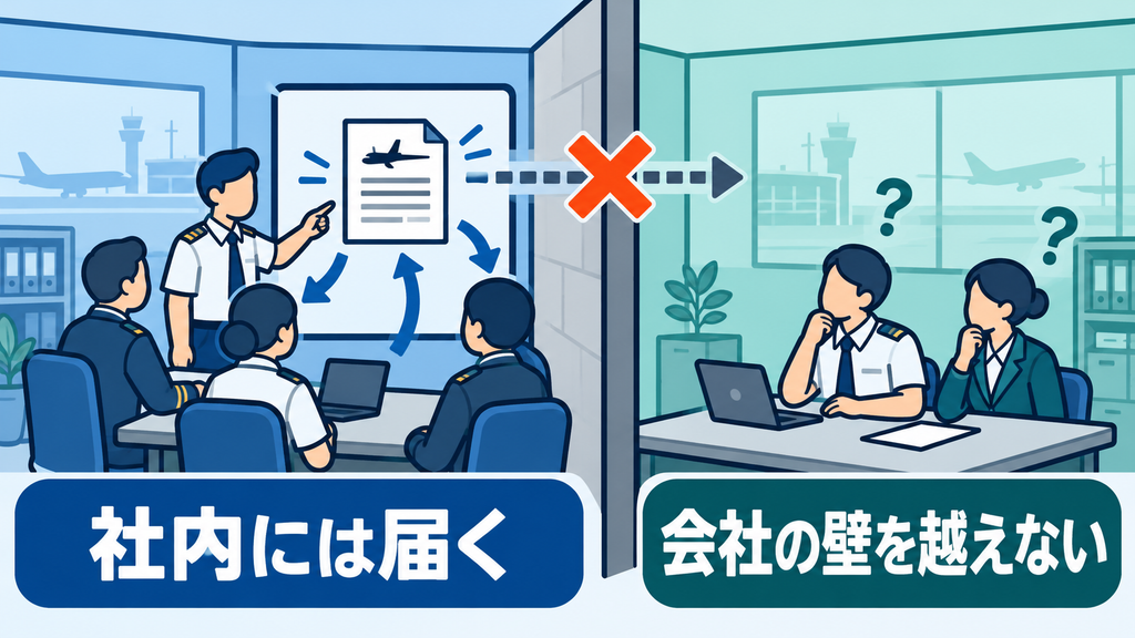 社内で循環する報告が組織の壁で止まり、別の会社へ届かない構図を示す図。
