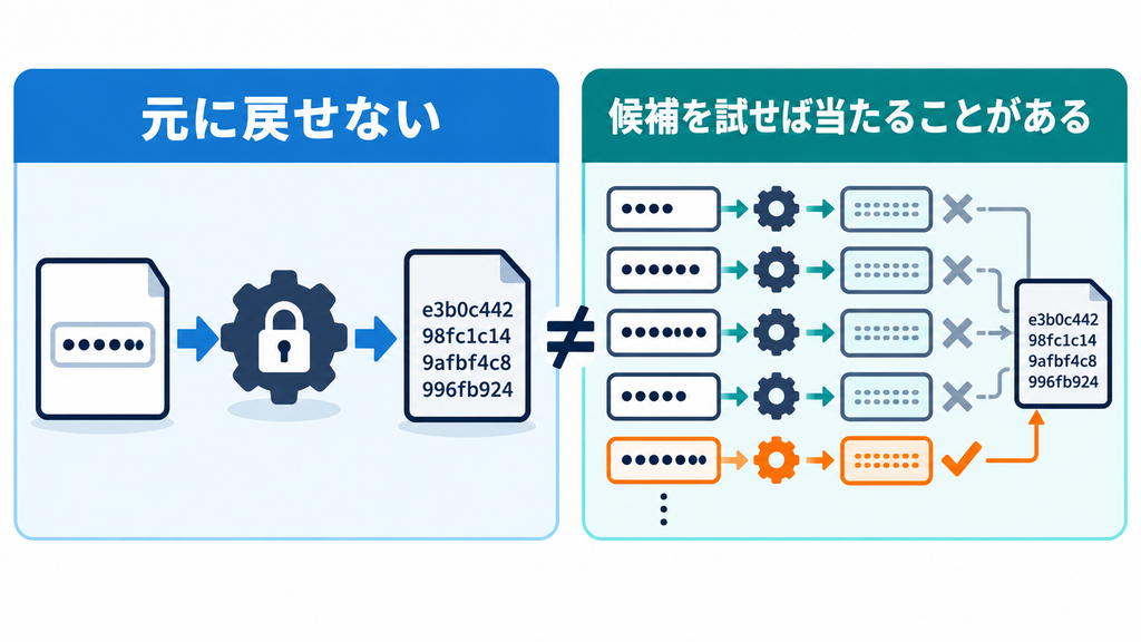パスワードの変換結果から元の文字列は直接読み取れなくても、候補を試して突き止められることを示す図。