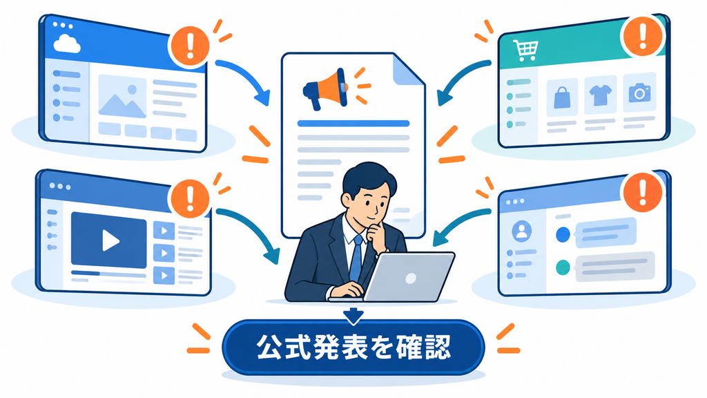 複数のオンラインサービスの公表を、担当者が公式発表で確認する流れを示した図