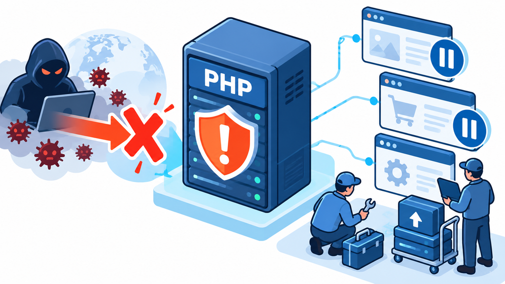 PHPサーバーへの攻撃リスクを示し、複数のWEBサービスが予防的に停止して更新を進める図