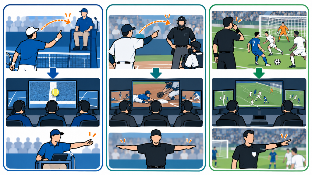 テニス、プロ野球、サッカーで異なる映像判定の入口とレビューの流れを並べた図