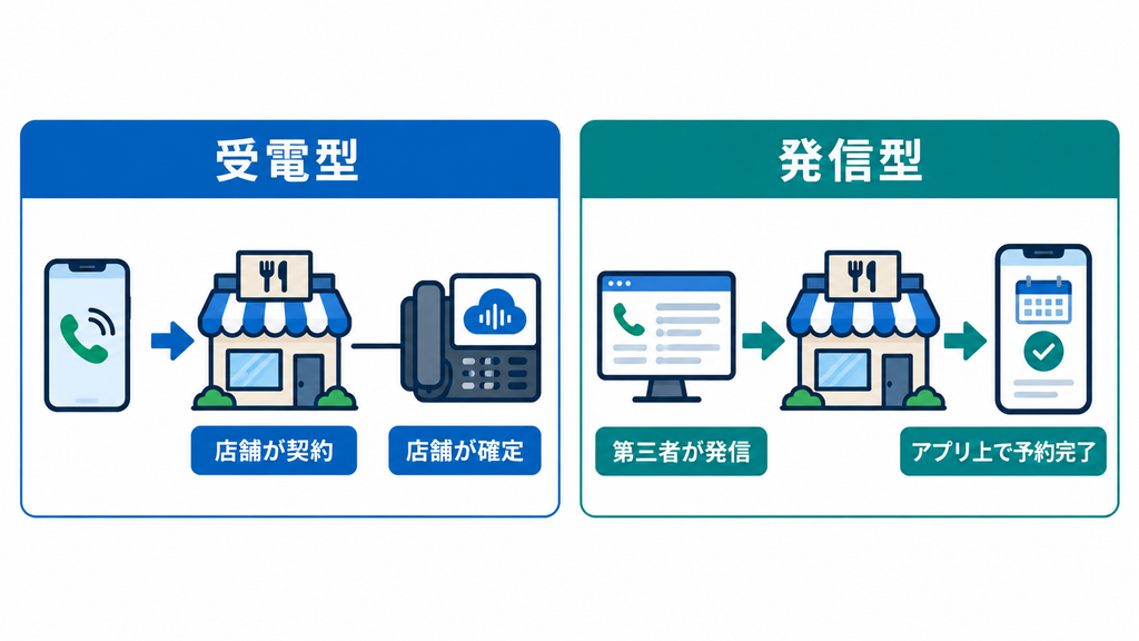 店舗が契約して確定する受電型と、第三者が店舗へ発信しアプリ上で予約完了と表示される発信型の、電話の向きと予約確定の違いを示した図