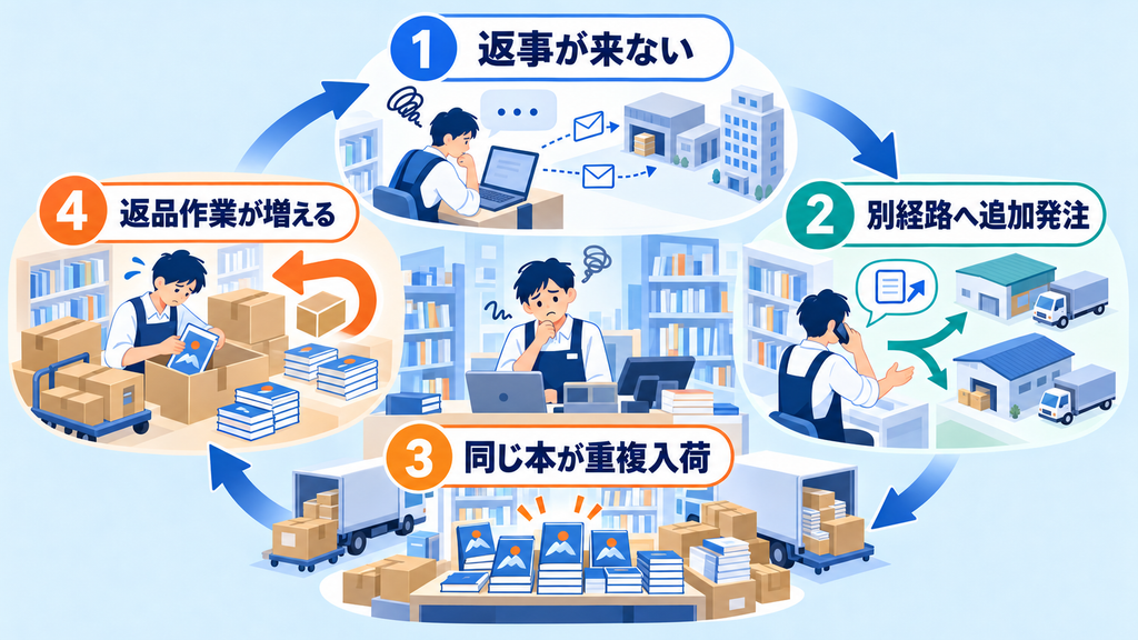 取次や出版社から返事が来ないため別経路へ追加発注し、同じ本が重複入荷して返品作業が増える循環の図