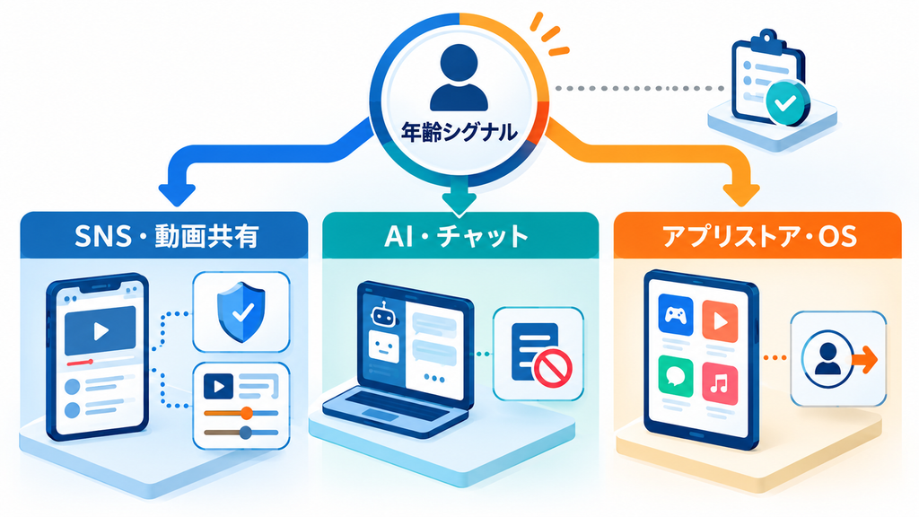 年齢シグナルを起点に、SNS・動画共有、AI・チャット、アプリストア・OSへ安全設計が分岐する図