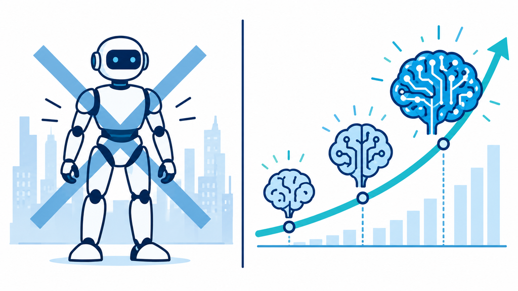 反乱するロボットのイメージと知能の加速や予測困難性を示す抽象図を対比した図