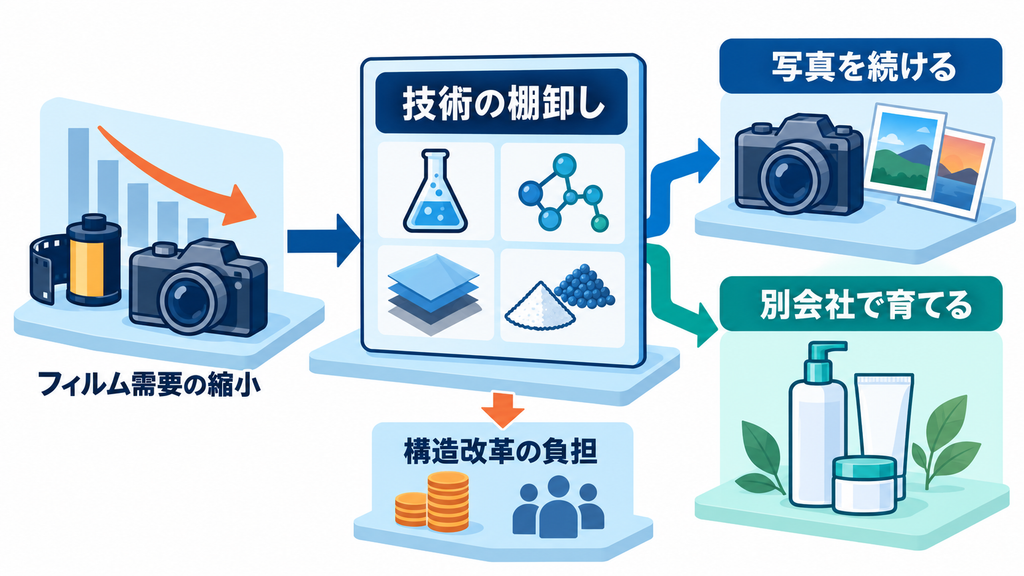 フィルム需要の縮小を受け、技術を棚卸ししながら写真事業を続け、別会社で化粧品事業を育てる流れを示した図