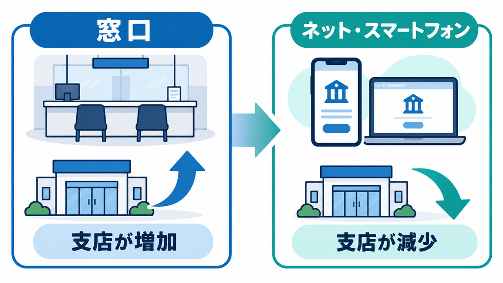 窓口と支店が増える時代から、ネットやスマートフォンを使う客が増えて支店が減る時代への変化を左右に対比した図