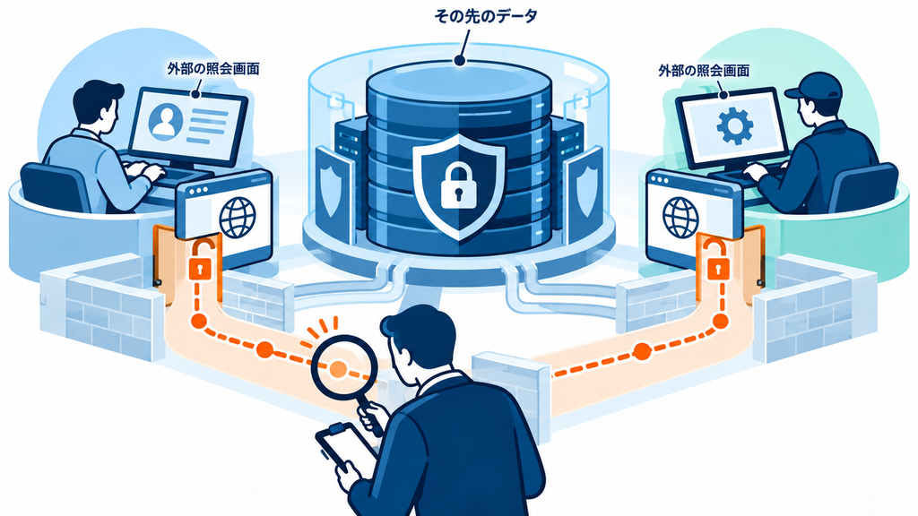 社外の利用者が外部の照会画面へ接続し、その先のデータにつながる様子