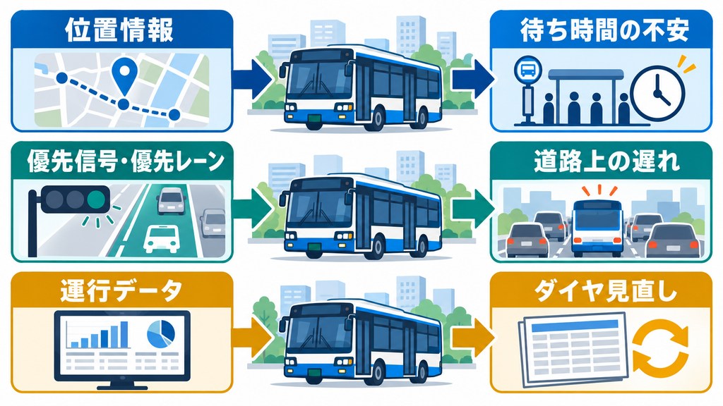 位置情報、優先信号・優先レーン、運行データがバスの待ち時間の不安、道路上の遅れ、ダイヤ見直しに関わる図