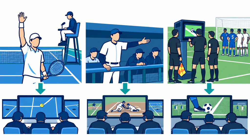 選手、ベンチ、審判チームという異なる映像判定の入口を比較する図
