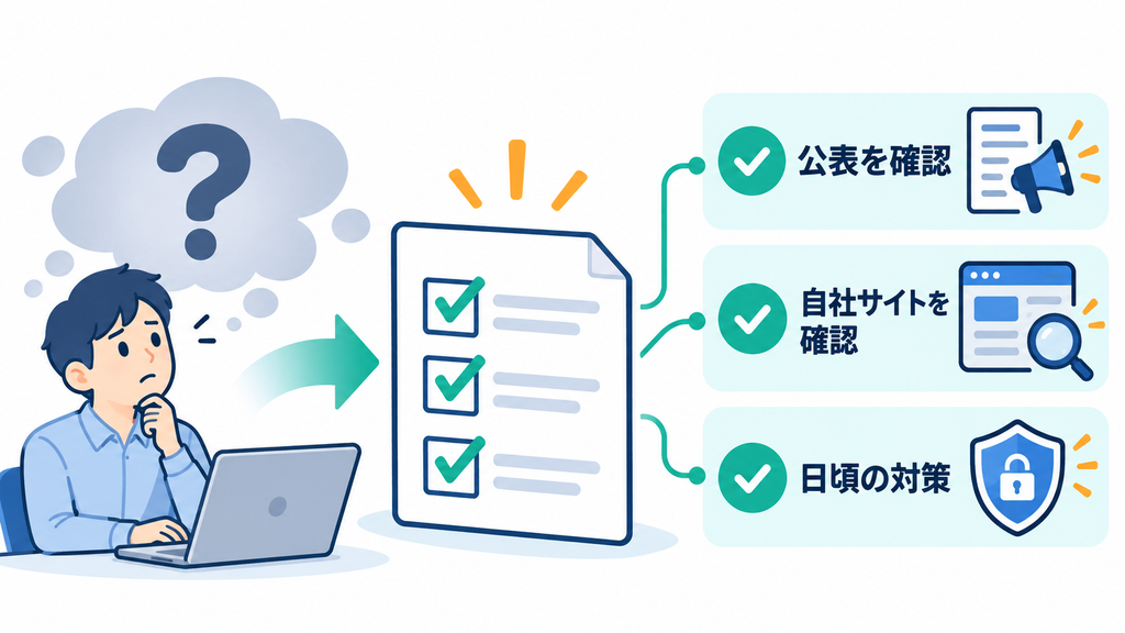 「自社は大丈夫か」という不安を、公表、自社サイト、日頃の対策の3つの確認項目へ整理した図