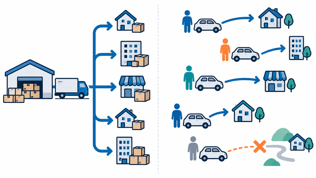 荷物をまとめて配送するネットワークと、異なる場所の人に車両を合わせる移動を対比した図