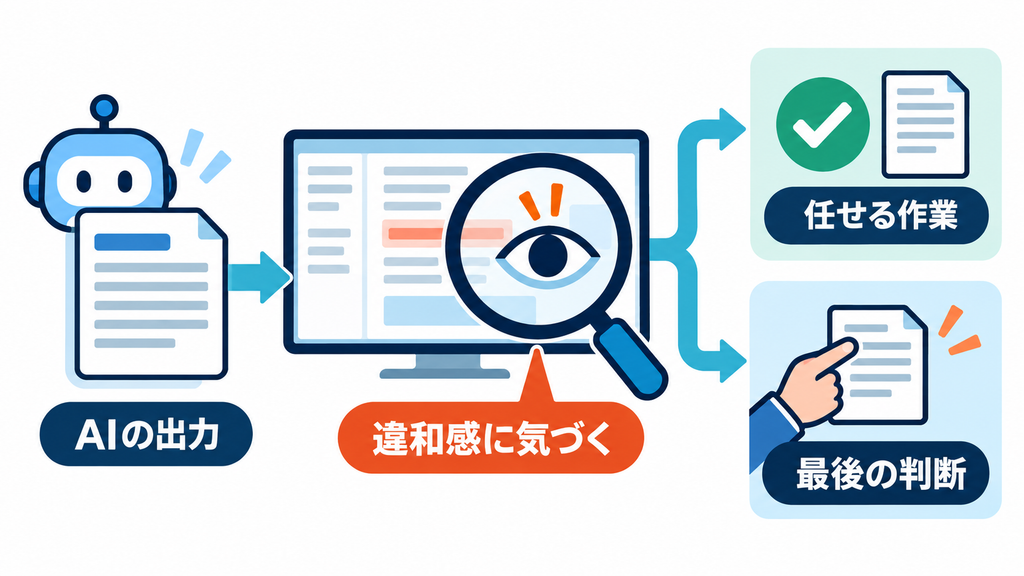 AIの出力を見て違和感に気づき、任せる作業と最後の判断を分ける編集工程図