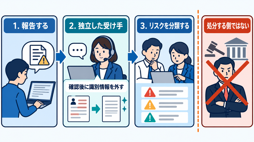独立した受け手が報告を確認し識別情報を外す経路と、処分する側を分ける仕組みを示す図。