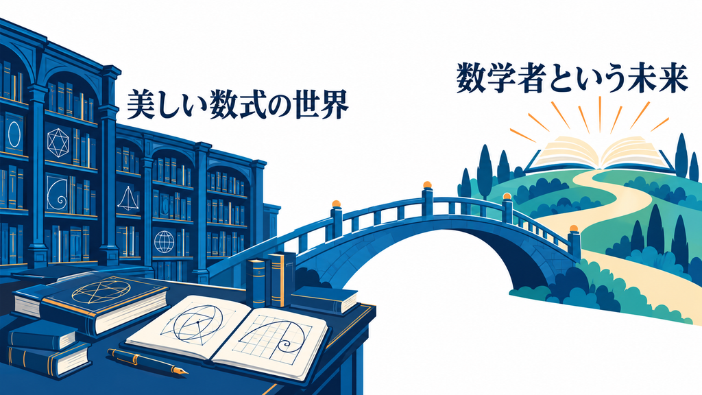 美しい数式の世界から、数学者という未来へ知を受け渡す道筋を、書架、書物、橋で示した図