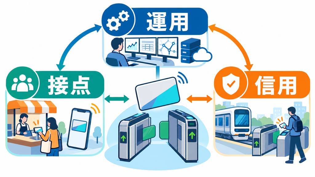 改札の運用、利用者との接点、信用がサービスの広がりを支える関係を示す図