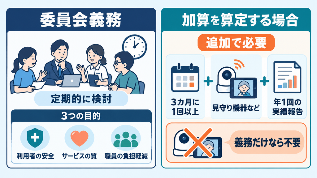 委員会義務と生産性向上推進体制加算を算定する場合の追加要件を分けて示した図
