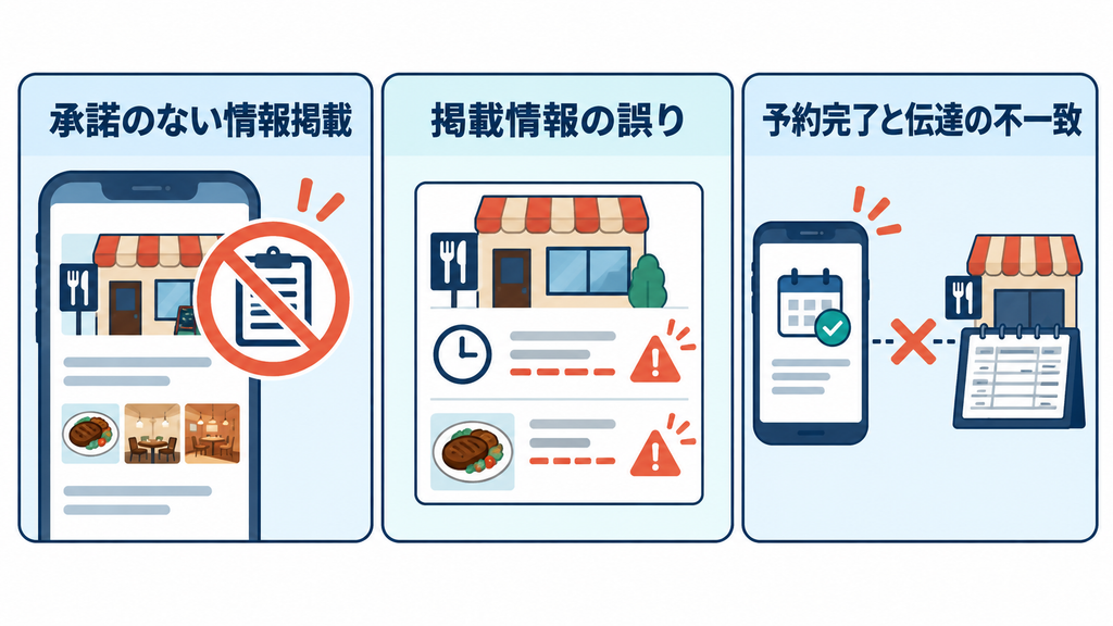 発信型の予約代行で起こり得る、承諾のない情報掲載、掲載情報の誤り、予約完了と店舗への伝達不一致を示した図