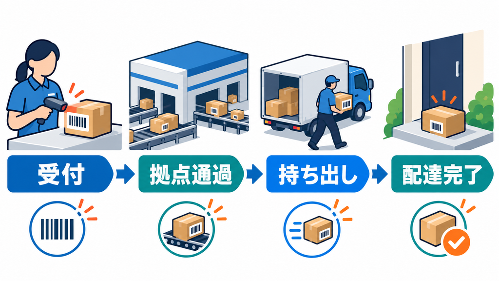 受付、拠点通過、持ち出し、配達完了という荷物追跡の工程を示す図
