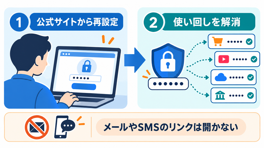 公式サイトからパスワードを再設定し、他サービスでの使い回しを解消する2段階と、メールやSMSのリンクを開かない注意を示す図。