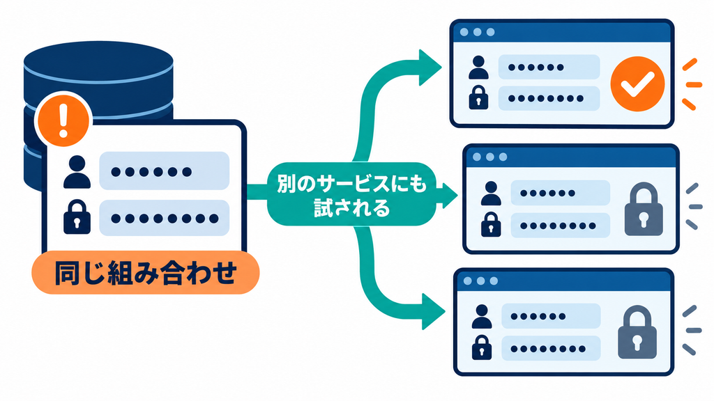同じログイン情報が複数の別サービスで試され、被害が広がる仕組みを示す図。