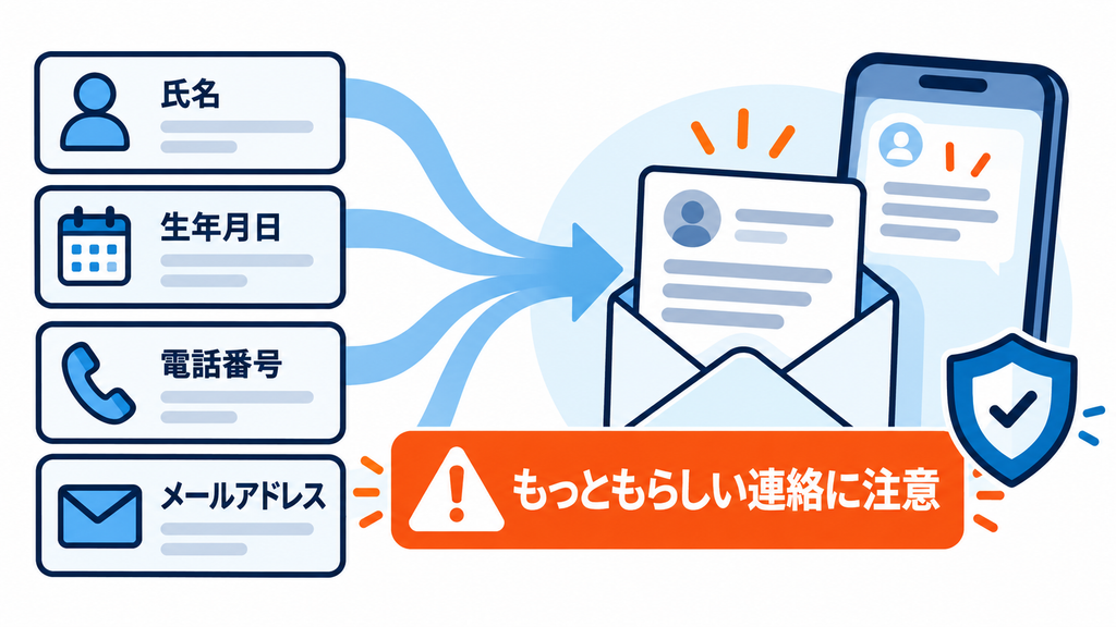 氏名、生年月日、電話番号、メールアドレスを組み合わせたもっともらしい偽の連絡に注意を促す図解