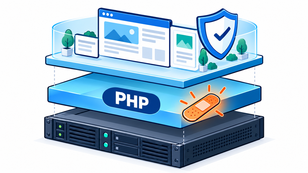 WEBサイトの下で動くPHP実行環境を強調し、サイト側の保護だけではPHPの更新にならないことを示す階層図