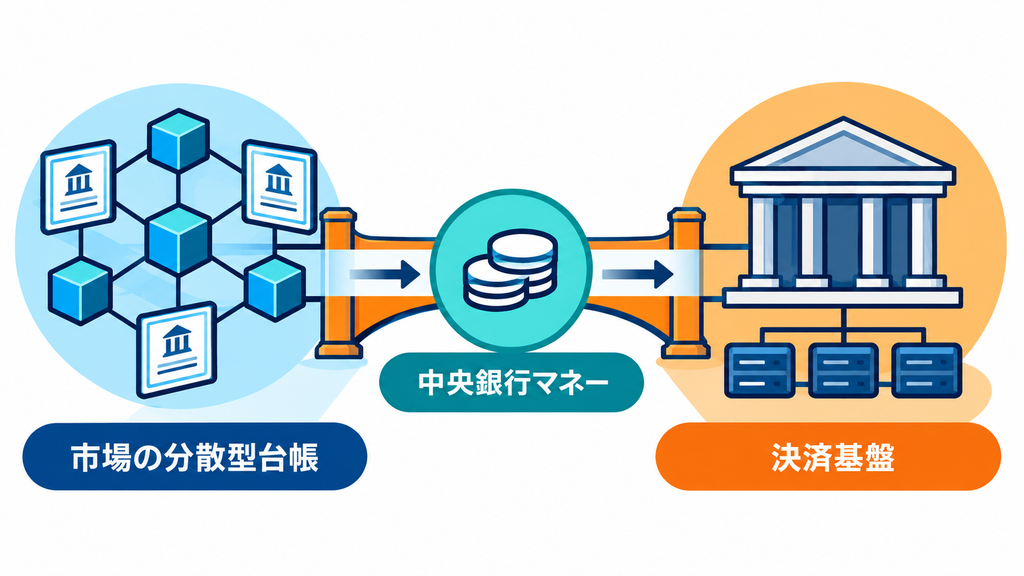 市場の分散型台帳と中央銀行マネーによる決済基盤をつなぐ仕組みを示す図