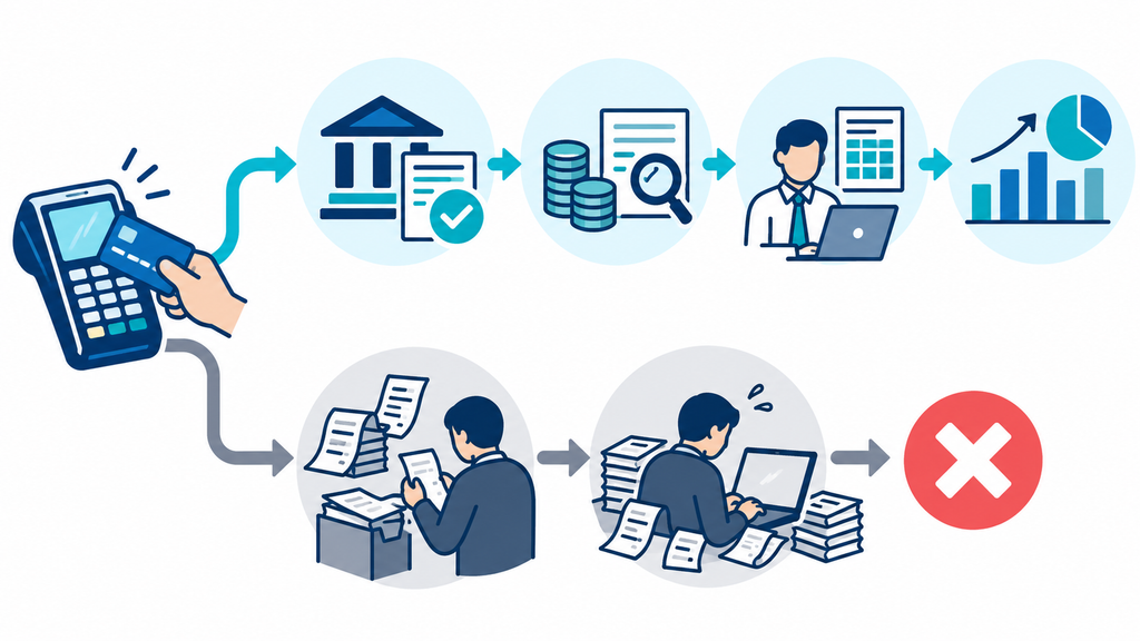 決済後のデータが会計や分析へつながる流れと手作業で止まる流れの対比