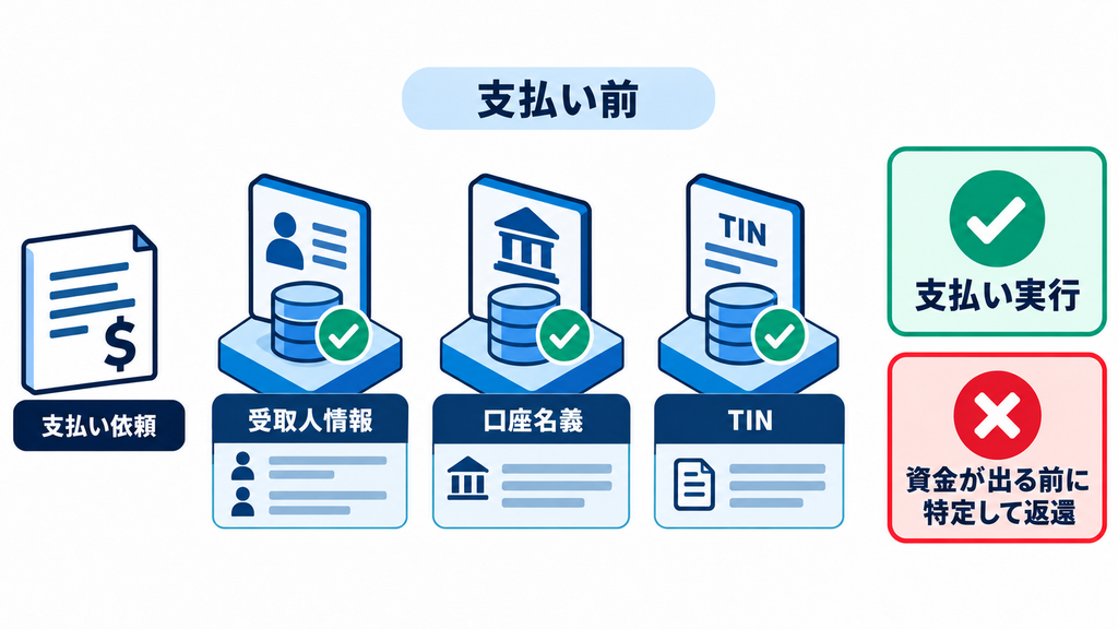 受取人情報、口座名義、TINを支払い前に照合する流れ図