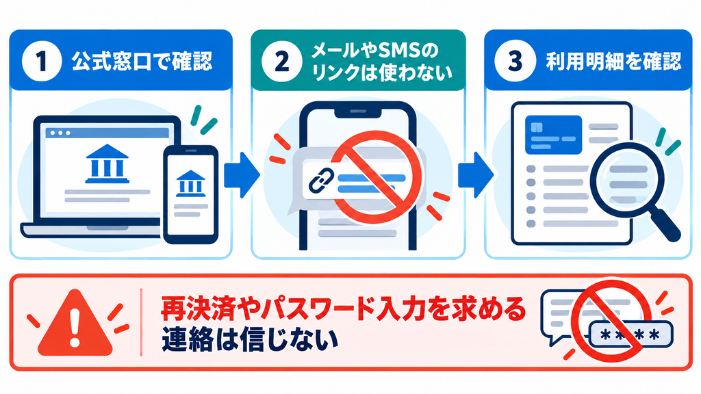 公式窓口で確認する、メールやSMSのリンクを使わない、利用明細を確認する3段階と、再決済やパスワード入力を求める連絡を信じない注意を示す図。