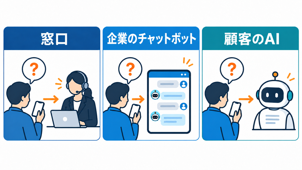 窓口とチャットボットおよび顧客のAIという三つの相談先を比べる図