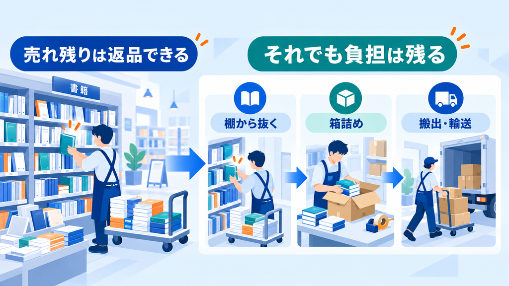 売れ残りの本は返品できても、棚から抜く、箱詰め、搬出・輸送の負担が残ることを示す図