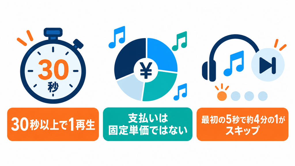 30秒以上の再生を1回と数える仕組み、固定単価ではない支払い、最初の5秒で約4分の1がスキップされるデータを別々に示す図