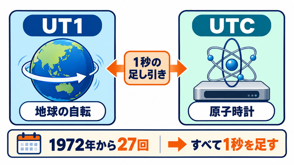 地球の自転に基づくUT1と原子時計で進むUTCを1秒の足し引きで合わせ、1972年から27回すべて足してきた関係図