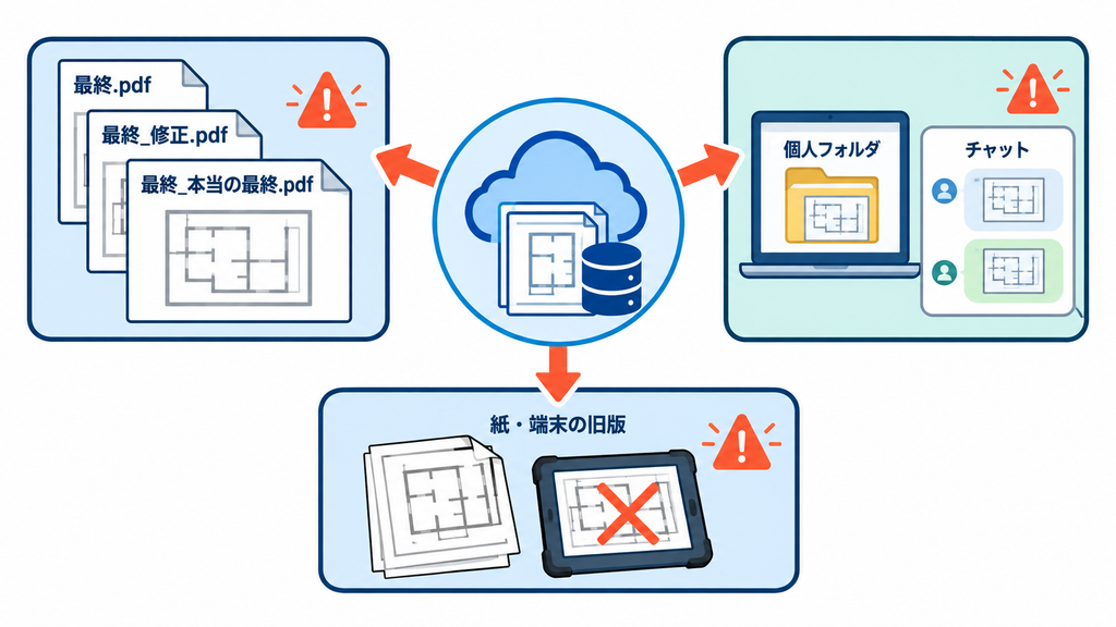 最終.pdfと類似したファイル名、個人フォルダやチャットへの転送、紙や端末に残る旧版が、正本の図面とずれる失敗パターンを示した図