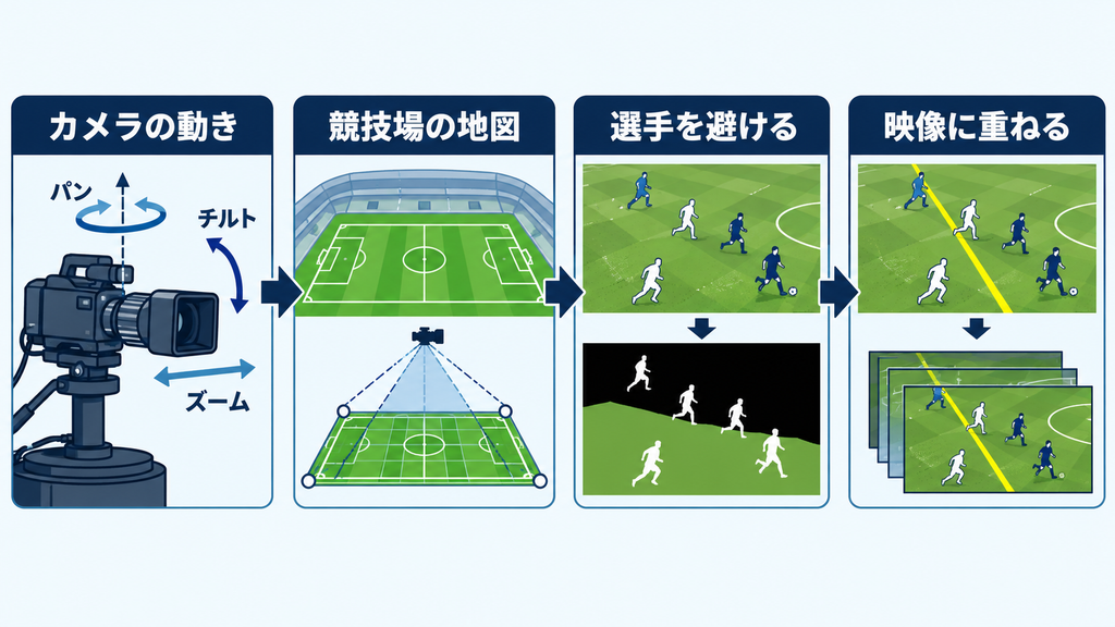 カメラの動き、競技場の地図、選手を避ける処理、映像への重ね合わせを示す工程図。