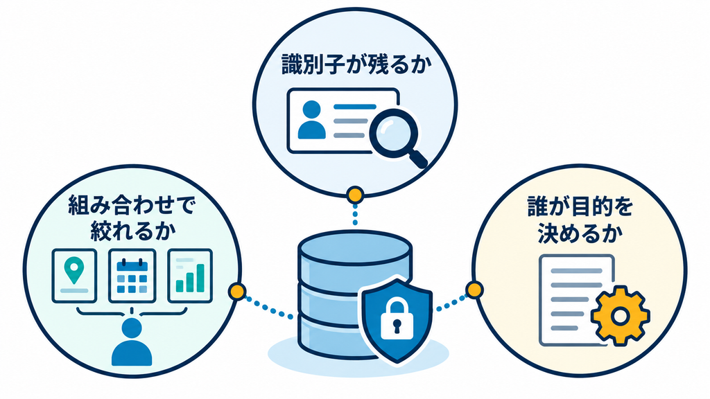識別子と情報の組み合わせおよび利用目的の決定者を確認する匿名化点検