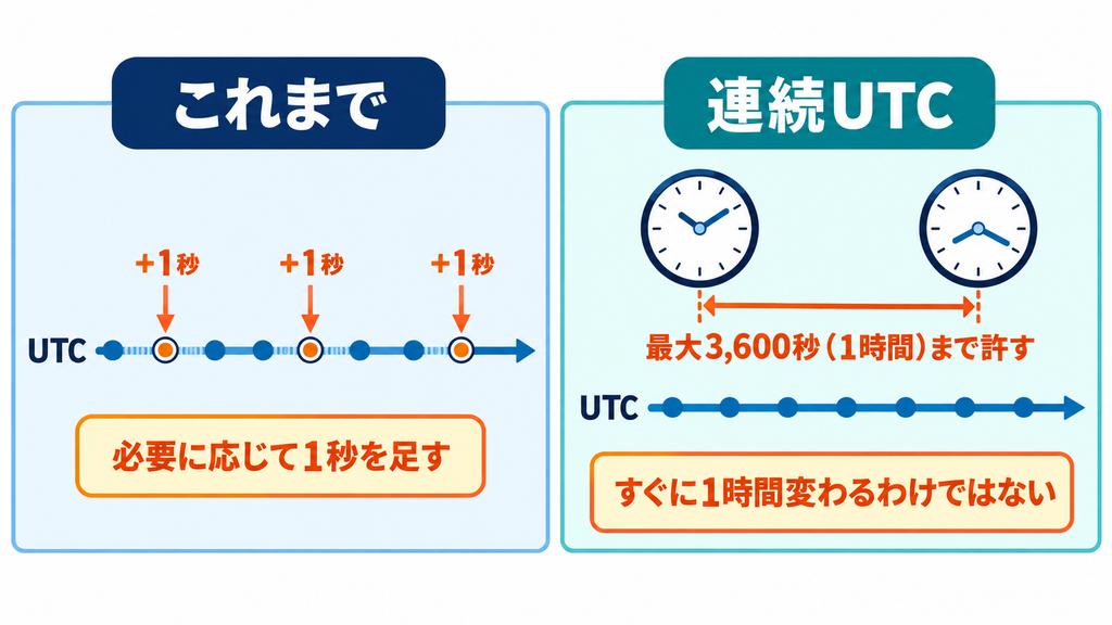 必要に応じて1秒を足す従来のUTCと、1秒を足し引きせず最大3,600秒のずれを許す連続UTCの比較図