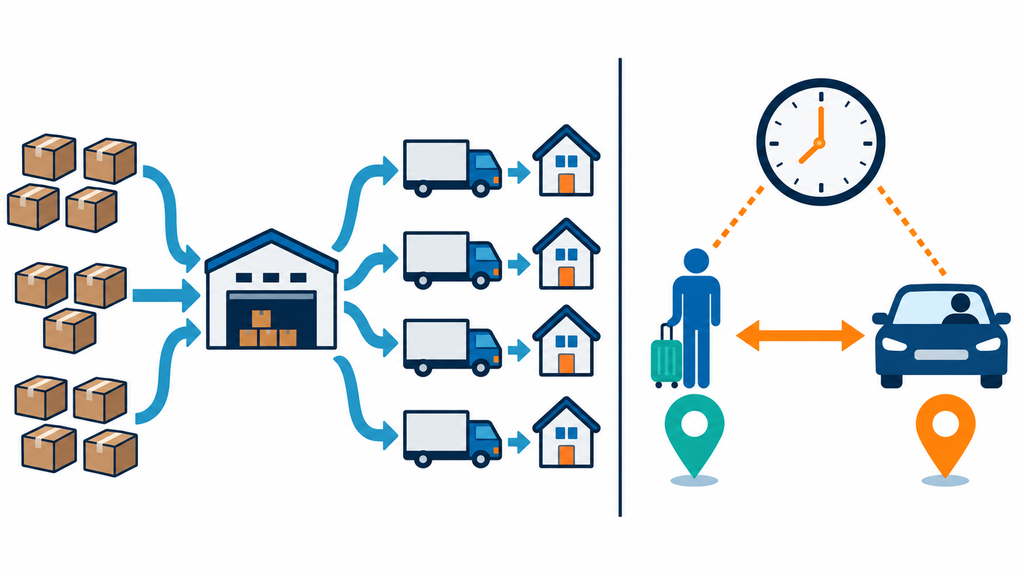 荷物は集約・経由・時間調整できる一方、人の移動では利用者、車両、運転者、時刻、場所を合わせる必要があることを示した図