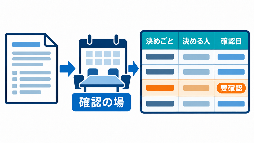 決めごとと決める人を確認の場で確かめ、合意内容と確認日を表へ残す流れを示す図。