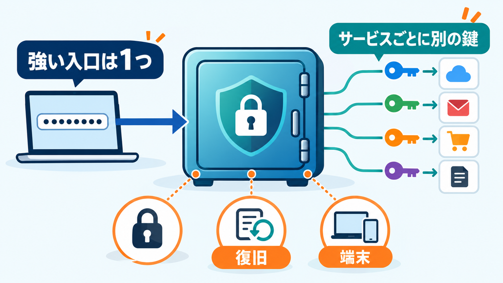 1つの強い入口で保管庫を開き、サービスごとに異なる鍵を管理する仕組みを示す図。