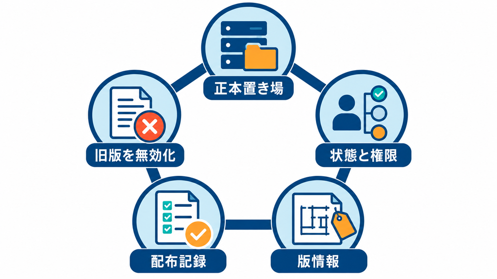 正本置き場、状態と権限、版情報、配布記録、旧版の無効化という図面版管理の5つの要素を循環で示した図