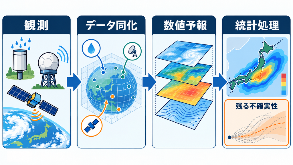 観測、データ同化、数値予報、統計処理を経て、残る不確実性を確率で伝える流れを示す図。