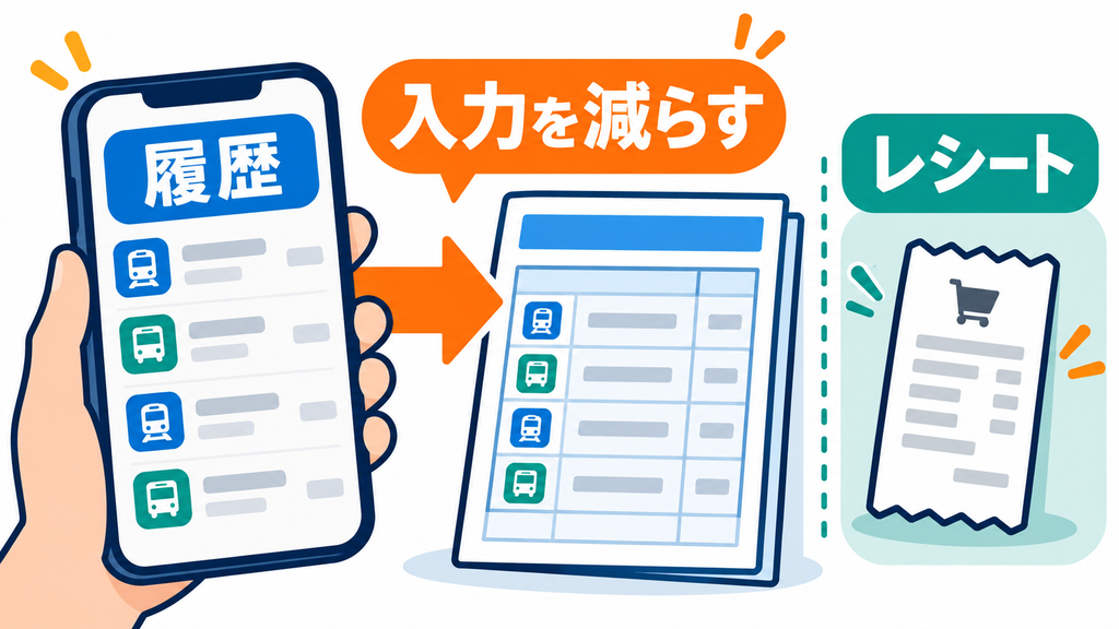 モバイルの利用履歴を会計へ取り込み、入力を減らしつつレシートで補う関係を示す図