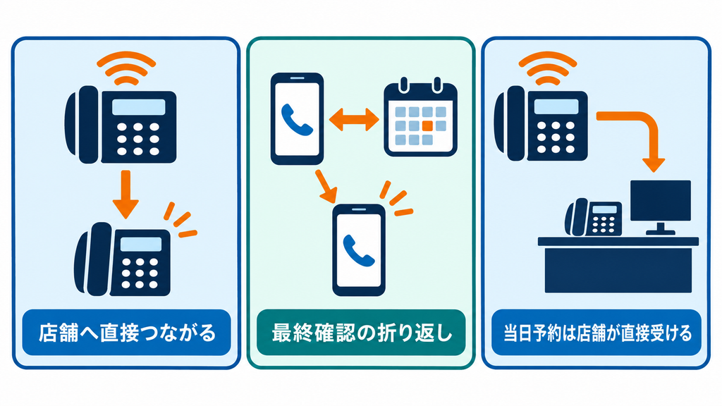 受電型AIで、店舗への直接接続、最終確認の折り返し、当日予約を店舗が直接受ける運用を残す例を示した図