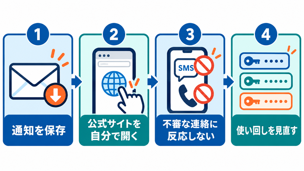 通知の保存、公式サイトでの確認、不審な連絡への対処、パスワードの使い回し見直しを順に示す図解