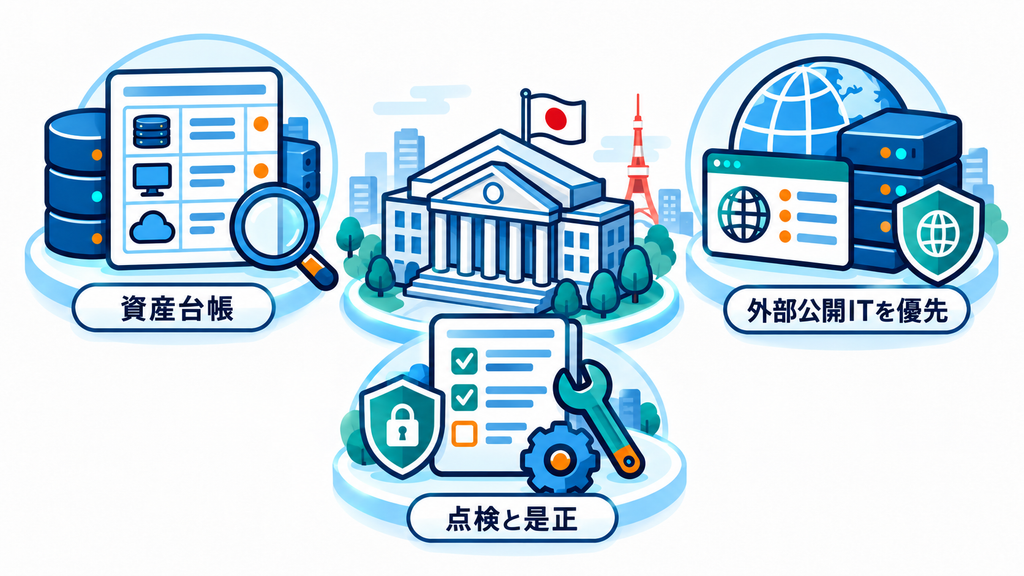 日本のガイドライン、共同要請、注意喚起を別々の文書として並べ、資産把握、外部公開ITの優先、点検と是正を示す図