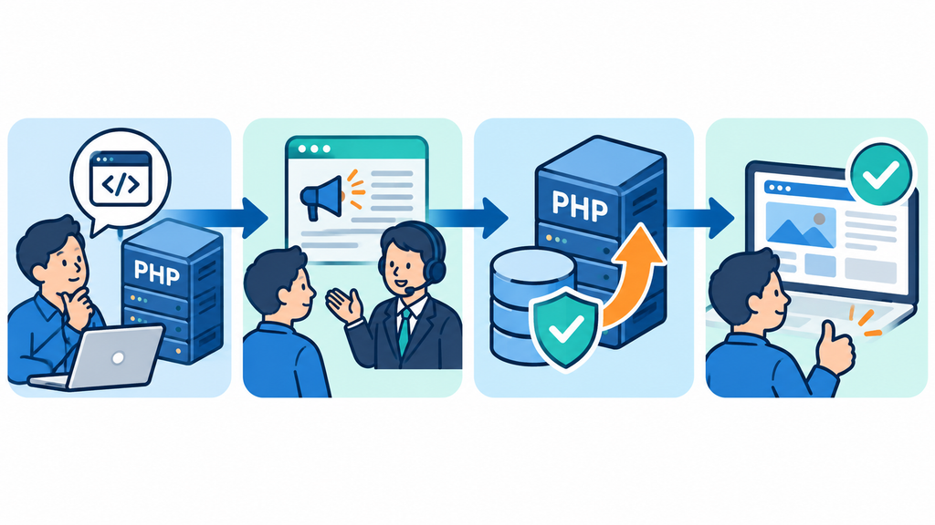 PHPの管理主体とバージョンの確認、契約先の告知確認、更新、主要機能の動作確認を順に示す図